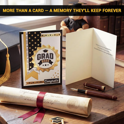Graduation Cards 2026 Bulk Assortment for College & High School (5x7") - 12 Pack Black and Gold Foil Design with Envelopes & Stickers, Congrats Grad Gift Decorations for Him Her, Printed Messages