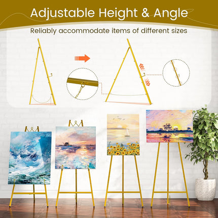 Snughome 45.7" Gold Easel Stand for Sign, Heavy Duty Metal Display Easel with Drawstring Bag, 4-Tier Adjustable Height Art Easel for Wedding Signs, Painting, Posters & Mirrors