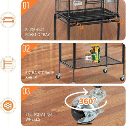 VINGLI 53-inch Bird Cage with Wheels, Durable Wrought Iron Parakeet Cage with Slide Out Tray, Black Bird Cages for Parakeets/Lovebird/Cockatiels/Budgies and Other Small/Medium Birds (Large-53 inch)