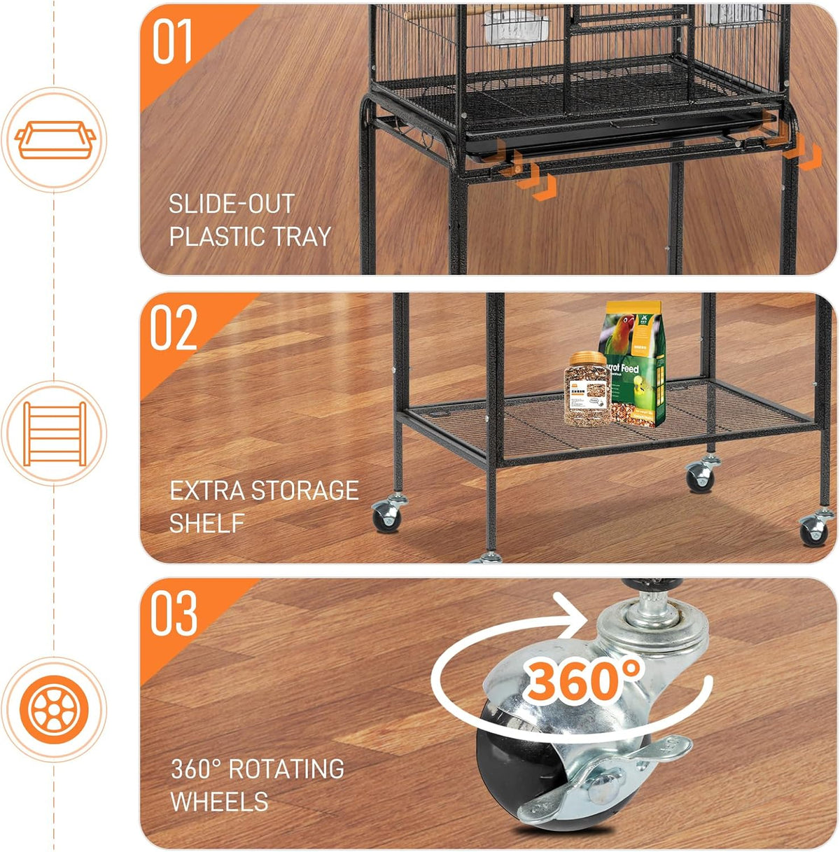 53-inch Bird Cage with Wheels, Durable Wrought Iron Parakeet Cage with Slide Out Tray, Black Bird Cages - photo 4