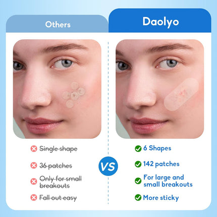Daolyo Large Acne Pimple Patches for Face, 6 Sizes 142 Counts Big Hydrocolloid Bandages for Body, Forehead, Chin, Nose, Neck & Chest(Round, Oval, Moon, Square)