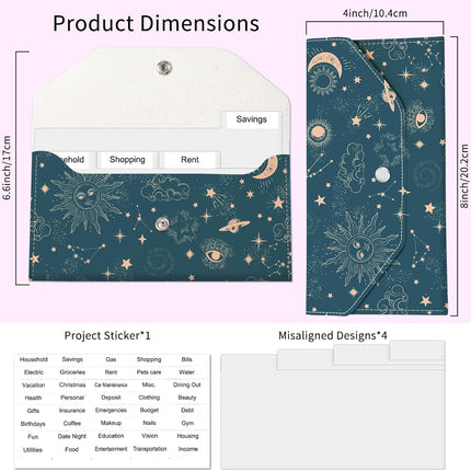 PU Leather Cash Envelopes Wallet, Reusable Money Savin Wallet, Cute Budget Envelope with 4 Dividers & 1 Sheets Budget Labels Galaxy Night Sky