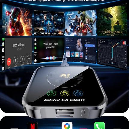 Magic AI Box Wireless CarPlay Adapter, Fast Car Video Box Plug & Play, Easy Setup, Supports Netflix/YouTube/TF Card Streaming Equalizers and More for OEM Wired CarPlay/Android Auto Cars (Glossy Black)