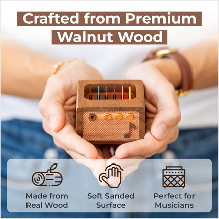 Soporte para púas de guitarra con 6 púas, estuche de nogal estilo amplificador vintage, para guitarristas y músicos