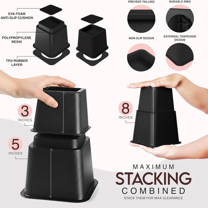 Adjustable Bed Risers 3 & 5 Inch, 4 Pack, Black — Supports up to 1,300 lbs