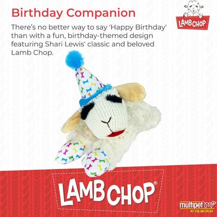 Multipet Lamb Chop Dog Plush Toy w/Birthday Hat - Squeaky Toy for All Dogs - Extra Soft Plush - Stuffed Animal for Cuddling & Playing (10.5", Blue Hat, 5 Squeakers)