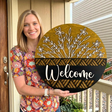 3D Welcome Sign for Front Door - Rustic Round Wood Wreath Wall Hanging - Modern Farmhouse Porch Decor - Housewarming, Wedding & New Home Gift - Spring Summer Decoration