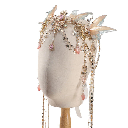 FRESHME Renaissance Butterfly Elf Fairy Crown - Fairy Headband with Pink Butterfly Wings Elf Headpiece with Tassel Elven Tiara Wedding Renfaire Dress Up Cosplay Christmas Accessories for Women