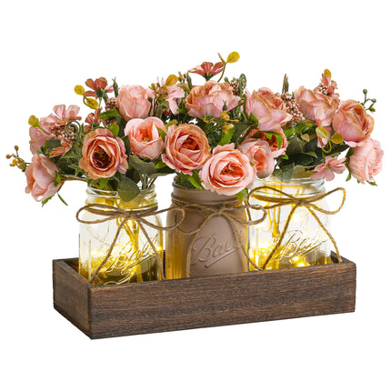 3 Pcs Mason Jar Centerpiece Table Decorations for Dining Table Decor Farmhouse Coffee Table Decor with Wood Tray and Led Light Table Centerpieces for Dining room Kitchen Living Bathroom,Orange