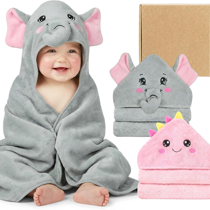 2 Pack Hooded Baby Towels Soft Absorbent Coral Fleece Baby Bath Towels with Animal Hood 32x32 Inch Toddler Bath Towel for 0-3 Years Newborn Baby Shower (Grey Elephant & Pink Dinosaur)