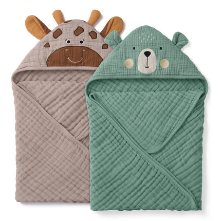 Muslin Baby Hooded Towel 2 Pack, Soft & Absorbent Bath Towel for Infant, Toddler, Unisex, Baby Gift, Newborn Essentials, Bear & Lamb