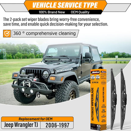 AUTOBOO 13"+13" Wiper Blades Replacement for Jeep Wrangler TJ Front Windshield Wipers 1997 1998 1999 2000 2001 2002 2003 2004 2005 2006- Original Factory Quality (Pack of 2)