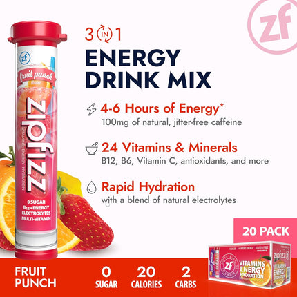 Zipfizz Daily Energy Drink Powder, Fruit Punch, 20 Pack 3-in-1 Sustained Energy, Rapid Hydration, and Essential Vitamins Sugar-Free Electrolyte Powder Contains Vitamin B-12 & Antioxidants