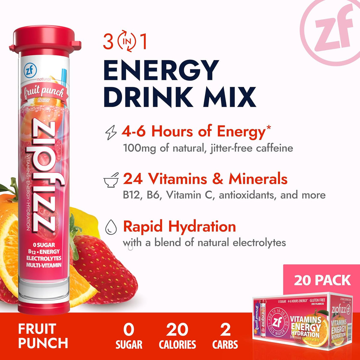 Daily Energy Drink Powder, Fruit Punch, 20 Pack 3-in-1 Sustained Energy, Rapid Hydration, and Essential - photo 2