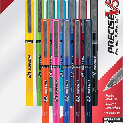PILOT Precise V5 Stick Liquid Ink Rolling Ball Stick Pens, Extra Fine Point (0.5mm) Assorted Ink Colors, 12-Pack (31888)