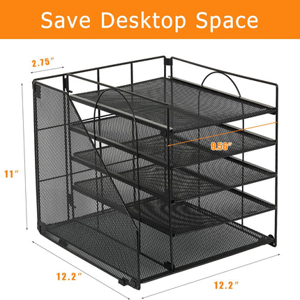 LEKETREE Desk Organizers and Accessories, 5-Tier Paper Letter Tray Organizer with File Holder, Desktop Organizer for Office Supplies (Black)