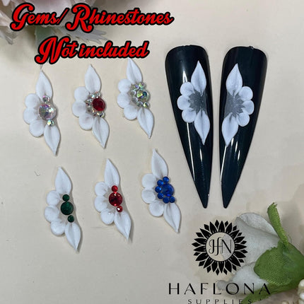 Set 10Pcs 3D Flowers Nails Charms With Rhinestone Gems Handmade by Acrylic Powder Design For Long Nail L,XL,XXL Flower Nail Art Floral Salon Decor Women Girls (White No Rhinestones-10Pcs)