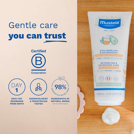 Mustela Detangling & Nourishing Conditioner - Natural Shea Butter & Avocado - Curly & Frizzy Hair - Dermatologist-tested & safe for Babies and Kids - 6.76 US Fl. Oz.