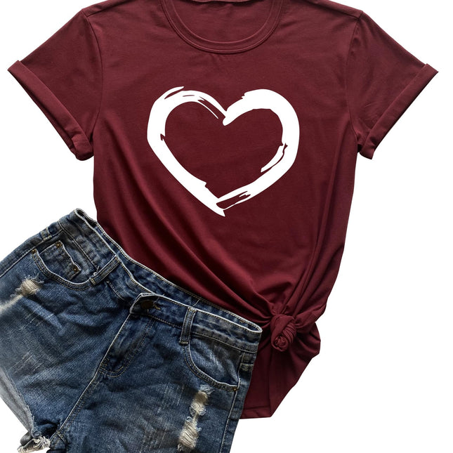 Women Cute Heart Graphic Crewneck T-Shirt Funny Short Sleeve Casual Tee Tops