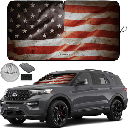 1-Piece Windshield Sun Shade Grunge American Flag - 4 USA Design - Foldable Car Front Window Sunshade for Most Sedans SUV Truck - Blocks Max UV Rays and Keeps Your Vehicle Cool - Medium
