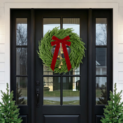 Christmas Decor, 24" Norfolk Pine Christmas Wreath with Velvet Bow & Bells