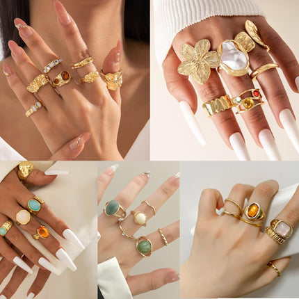 30-36 Pcs Vintage Crystal Turquoise Ring Set Gold Knuckle Rings for Women Bohemian Stackable Joint Rings Retro Boho Stacking Joint Finger Rings Pack