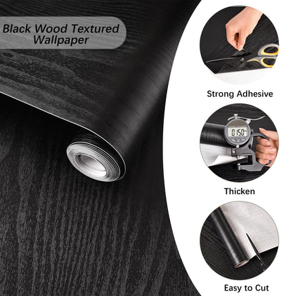 Black Wood Grain Wallpaper Contact Paper for Cabinets 118’’17.7’’
