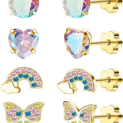 4Pairs Hypoallergenic Earrings for Girls 14K Gold Flat Back Earrings 20G Screw Back Cartilage Earring for Sensitive Skin CZ Heart Butterfly 316L Stainless Steel Stud Earrings for Women