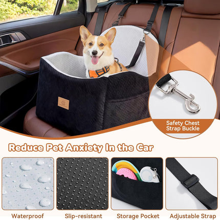 Dog Car Seat for Medium/Small Dogs, Dog Booster Car Seat, Pet Booster Seats Up to 40lbs with Waterproof Layer, 3 Storage Pockets and Safety Belt (Black/Grey)
