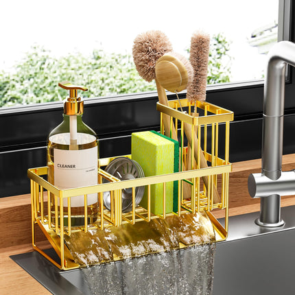 Sink Caddy Sponge Holder for Kitchen with Brush Holder and Stainless Steel Self Drain Tray, Rustproof Kitchen Sink Organizer for Sponge, Soap Dispenser Storage Accessories