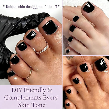 24pcs Black Toe Nail Press Ons Square Toe Press On Nails Pre-Designed Soft Gel Thick False Toenail Extension Acrylic Full Cover Fake Toenails Nail Supplies