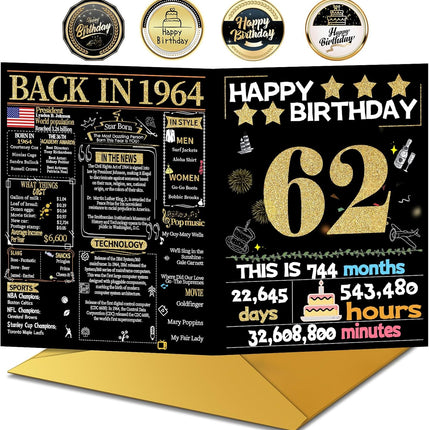 Joycard 62nd Birthday Card with Envelope, 62nd Birthday Decorations for Women Men, 62nd Birthday Gifts for Mother Dad, Happy Birthday Cards for 62 Year Old Wife Husband, Back in 1964