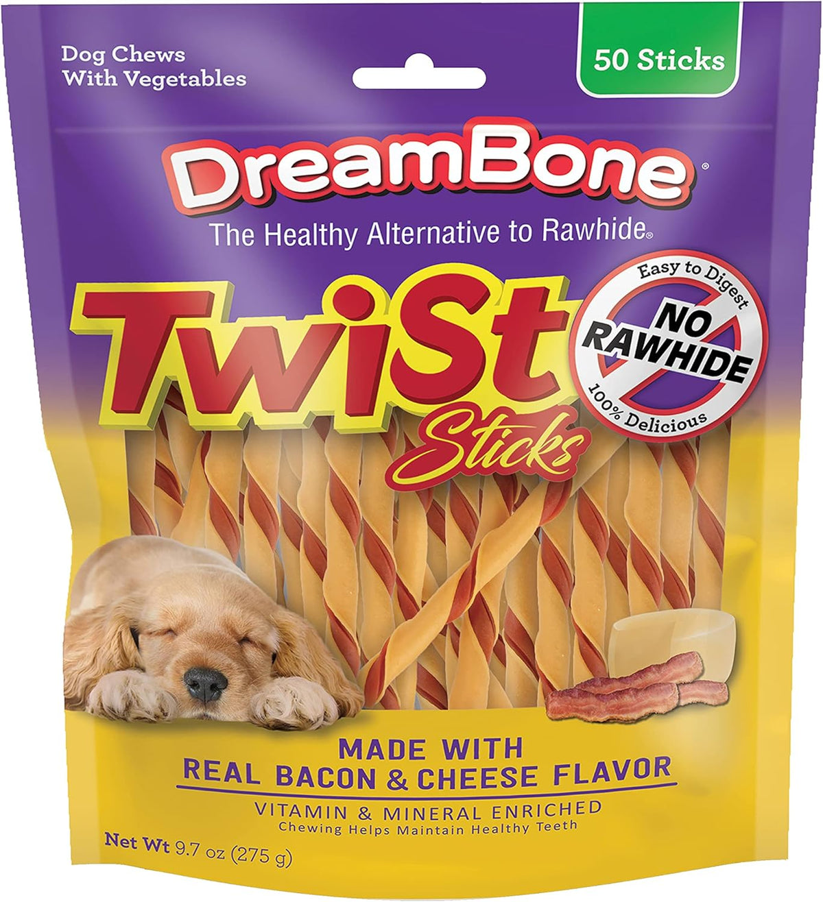 Twist Sticks, Made With Real Bacon And Cheese Flavor, Rawhide-Free Chews For Dogs, 50 Count