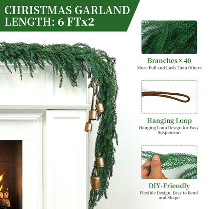 6Ft 2Pcs Artificial Norfolk Pine Garland, Real Touch Faux Greenery for Fireplace Mantel Staircase Wall, Christmas Hanging Indoor Outdoor Decor