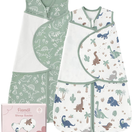 Baby Swaddle Sleep Sack 3-6 Months, Cotton Swaddles for Newborns Boys Girls, 2-Way Zipper Transitional Infant Wearable Swaddling Blanket with Quiet Closure, 0.5 TOG 2 Pack Soft Green Dinosaur
