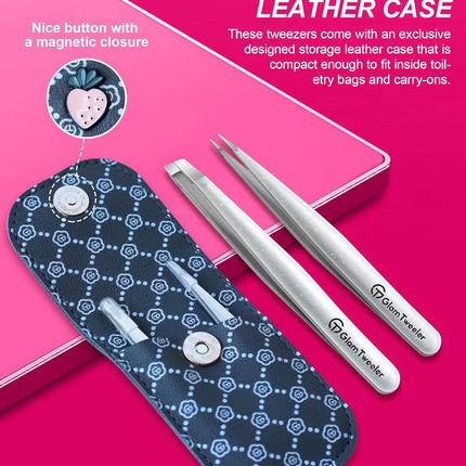 Expert Slant and Point Tip Tweezer Set with Exclusive Storage & Carrying Case, GlamTweeler Sharp & Precision Tweezer Set for Eyebrows, Facial Hairs and Fine Hairs Removal (Sparkle Silver)
