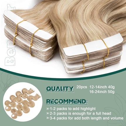 Benehair Remy Tape in Hair Extensions Human Hair Ash Blonde&Bleach Blonde Seamless Skin Weft Tape in Real Human Hair Extensions Wavy Hair 22 Inch 50g #18P613 20 pcs