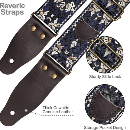 Jacquard Embroidered Guitar Strap, Genuine Cowhide Leather Ends, Adjustable for Bass Electric Acoustic