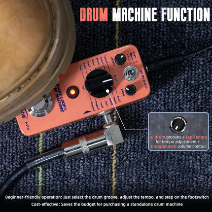 AITONE Looper Drum Machine Guitar Pedal 20 Minute Loop 16 Drum Grooves Tap Tempo True Bypass Mini Metal Effects Pedal for Electric Guitar Practice (AT-01)