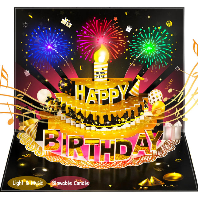 Pop Up Birthday Cards for Men, LED Light & Music Blow The Candle