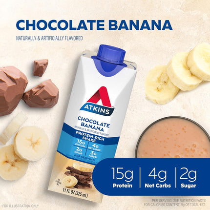Atkins Chocolate Banana Protein Shake, 15g Protein, 5g Net Carbs, 1g Sugar, Low Carb, High Protein Shake, Banana Breakfast Protein Shake, 4 Pack (11 fl. oz Each)