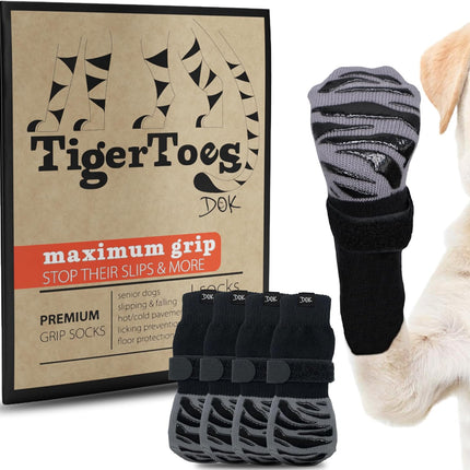 DOK TigerToes Premium Non-Slip Dog Socks for Hardwood Floors - Extra-Thick Grip that Works Even When Twisted - Prevents Licking, Slipping, and Great for Dog Paw Protection (X-Small)