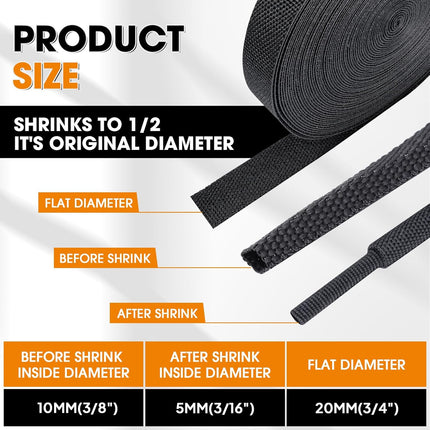 2:1 Ratio Automotive Heat Shrink Braided Sleeve, Cord Protector, Wear-Resistant Fabric Flat Woven Shrinkable Tubing Wires Hoses Protection (3/8"-15ft)