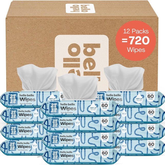 Hello Bello Extra Gentle Unscented Baby Wipes, Plant Based, Made with 99% Water and Aloe for Babies and Kids, 720 Count