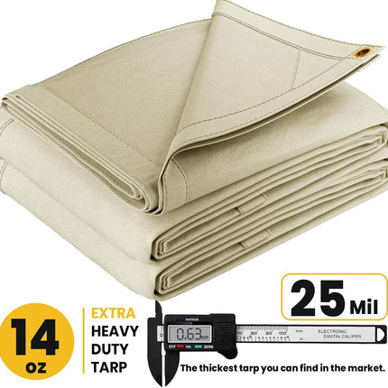 PROTARP Heavy Duty 14 OZ Water Resistant Canvas Tarp, UV Resistant Tarpaulin Cover with Rustproof Brass Grommets, Multipurpose for Canopy, Roof, Camping, Woodpile (Off White 14'X14')
