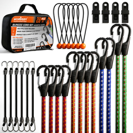 31-Piece Bungee Cords Assortment Jar, Includes 10”,18”,24”,32”,40” Bungee Cords, 6“ Zip Ties, 8”Canopy/Tarp Ball Ties and Crocodile Mouth Tarp Clips