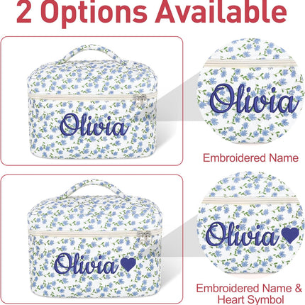 Personalized Large Quilted Makeup Bag for Women,Custom Cotton Travel Cosmetic Bag with Embroidered Name,Cute Toiletry Organizer Bag Bridesmaid Birthday Gift