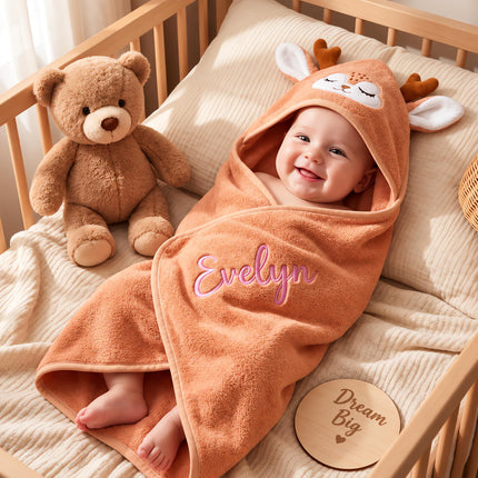 Personalized Baby Hooded Towel with Name, Custom Name Animal Bath Towel