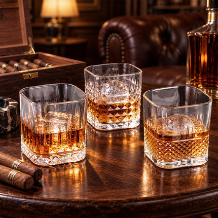 Whiskey Glasses Set of 6, Square Rocks Glasses for Bourbon & Rum Cocktails
