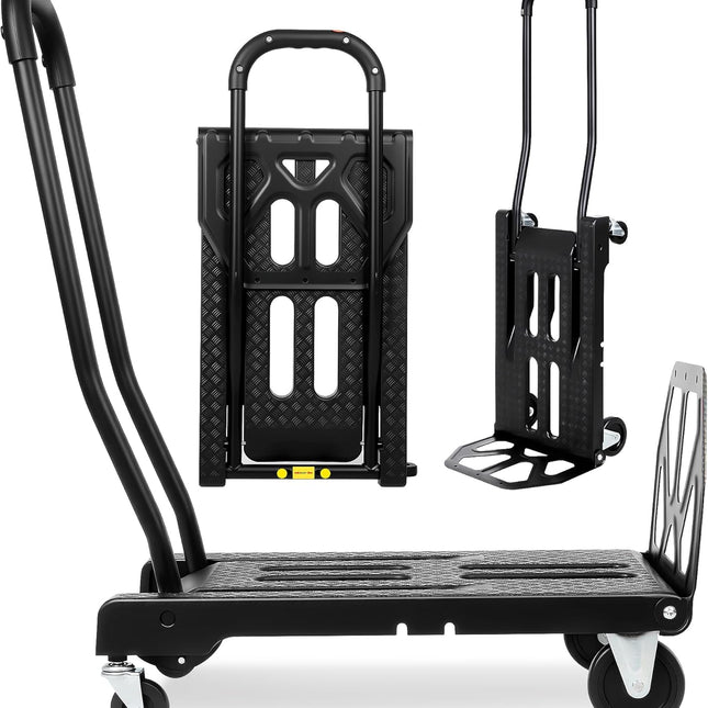 Folding Hand Truck with 4-Wheel Mode, 2 in 1 Collapsible Push Cart & Fold-Up Toe Plate – 300lbs Heavy Duty Dolly Pull Cart with Wheels Portable Hand Truck for delivery, Warehouse & Moving